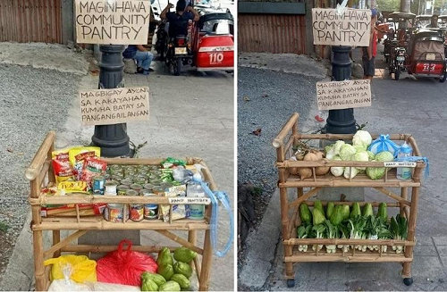 Twee foto's community pantry - bamboe karretje met voedsel