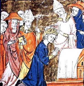 Miniatuur met afbeelding van de kroning van Karel de Grote door paus Leo III, 25 december 800