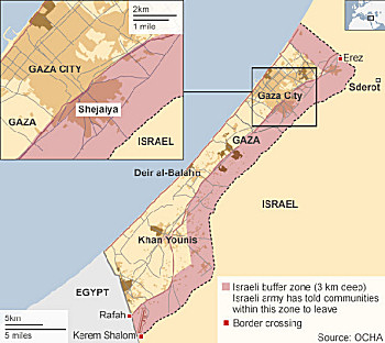 Kaart Gaza met grensovergangen en bufferzone