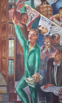 Foto: Muurschildering Coit Tower,John Langley Howard reikt naar Het Kapitaal van Marx