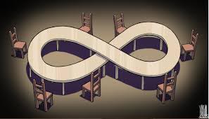 Spotprent onderhandelingstafel in de knoop