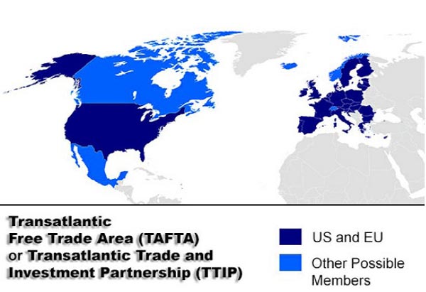 Kaart van het gebied dat TTIP en TAFTA betreft