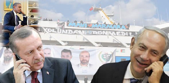 Collage Schip Turks convooi, Netanyahu, Erdogan, Obama