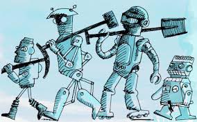 Spotprent met robotarbeiders