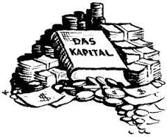 Spotprent het boek Das Kapital op een beg met geld