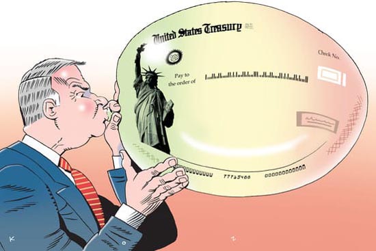 Spotprent van zakenman die United States Treasury opblaast als een ballon