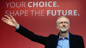 Foto van een zwaaiende Jeremy Corbyn met achter hem de tekst Your Choice. Shape the Future