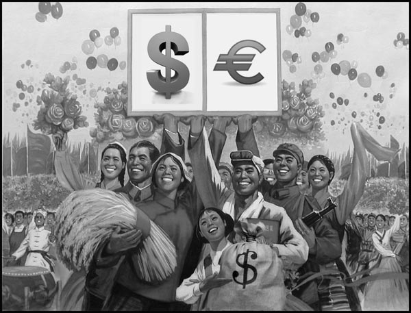 Spotprent - Vrolijke Chinezen houden dollartekns vast