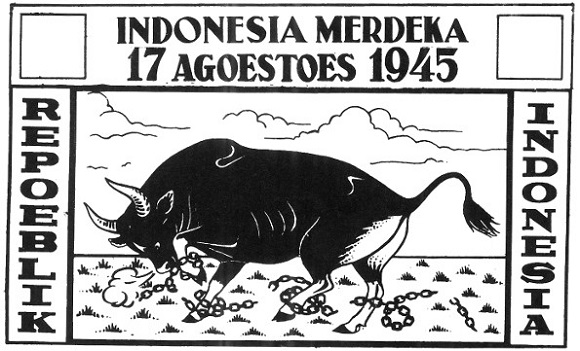Prent  Vrijheid Indonesië: een stier die zijn ketens verbreekt