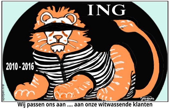 Tekening van ING-leeuw met boevenpak aan en blinddoek om