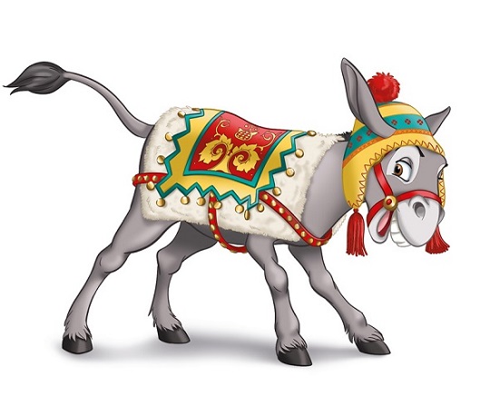 Tekening van een ezel in een kleurig kleed