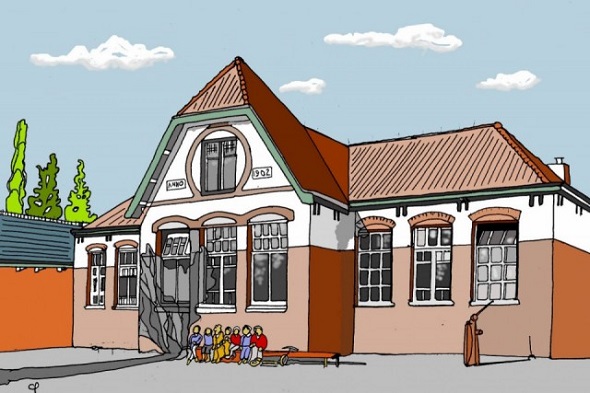 Tekening van een ezel in een kleurig kleed