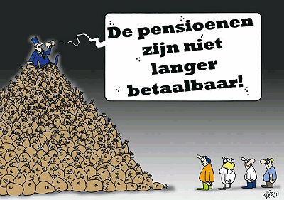 Cartoen: Kapitalist op een berg geld zegt: De pensioenen zijn niet langer betaalbaar.