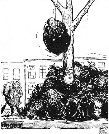 Cartoon Willem van Manen - Jaap vd Scheur veegt bewindslieden bij het afval