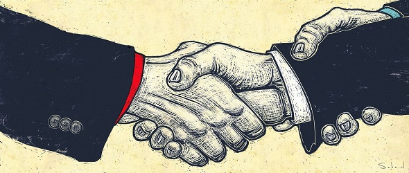 Tekening: twee schudden handen in pak