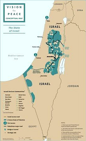 Kaart met gefragmenteerde Palestijnse gebieden volgens vredesdeal