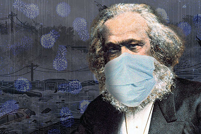 Karl Marx met mondkap, Corona en rampen op de achtergrond
