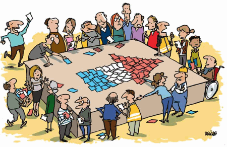 Groep mensen aan grote tafel proberen pijl te vormen net gekleurde papieren.