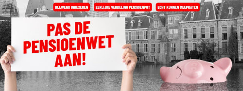 Plakaat Pas de Pensioenwet aan! Met Hofvijver en drijvend spaarvarken.