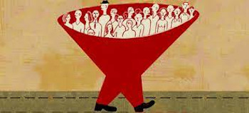 Tekening wandelende trechter met mensen erin