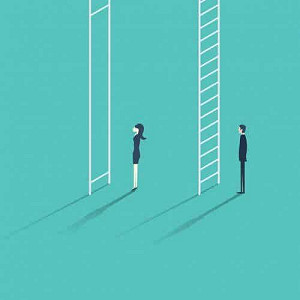 Tekening vrouw met ladder zonder sporten, man met normale ladder