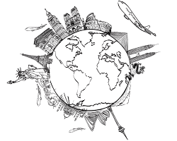 Tekening wereldbolletje met bekende gebouwen en vliegtuig