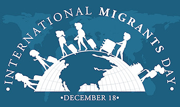 International Migrants Day 18 december, mensen lopen met bagage over wereldbol