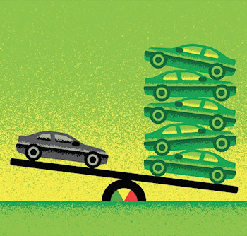 Tekening grijze auto lichter dan vijf groene auto's