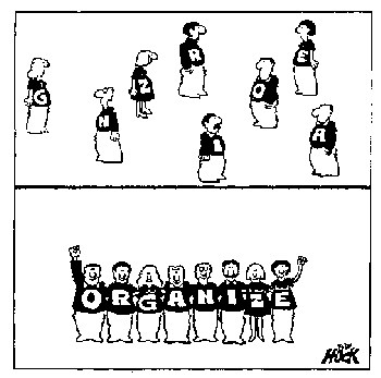Cartoon mannen/vrouwen vormen het woord Organize