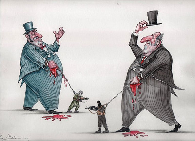 Twee kapitalisten met bloed en militairen aan de lijn