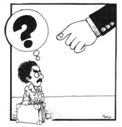 Cartoon: Migrant met kofferkijkt boos naar drijgende hand van man in pak