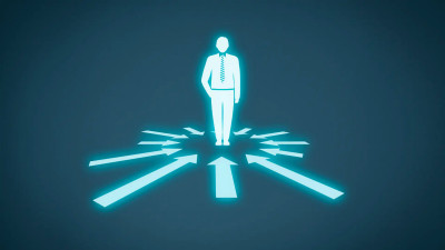 Tekening man met peilen van alle kanten naar hem toe