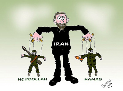Cartoon Iran als poppenspeler met marionetten Hezbollah Hamas