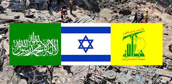 Vlaggen Hamas - Israel - Hezbollah in een kader van puin na bombardement