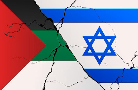 Israelische en Palestijnse Vlag gaan in elkaar over, beiden beschadigd