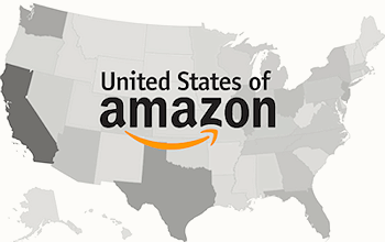 Kaart VS: United States of Amazon. Staten in grijstint afhankelijk van het aantal werkers