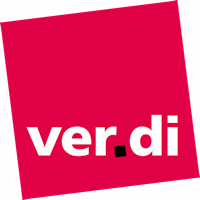 Logo Ver.di Gekantelde rood vriekant, witte tekst, zwarte punt