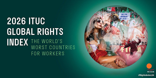2026 ITUC Global Rights Index, wereldbol met actie/solidariteits foto's