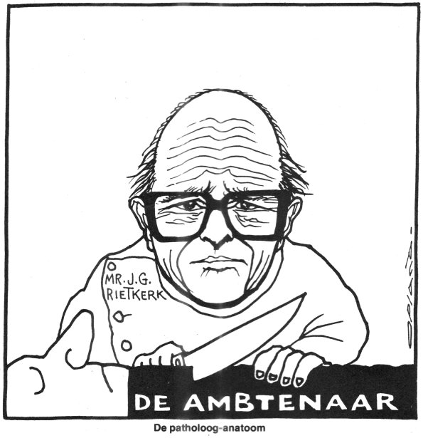 Cartoon Opland: Rietkerk zet als patholoog-anatoom het mes in de ambtenaar