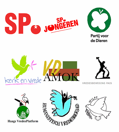 Logo's SP, SP Jongeren, Partij voor de Dieren, Kerk en Vrede, VD Amok, Vredesbeweging Pais, Haags VredesPlatform, Humanistische Vredesberaad, WILPF