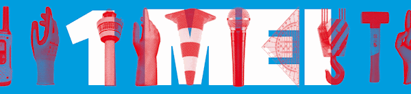 1 mei blauw - wit - rood met werk attributenvan driehoek tot hamer